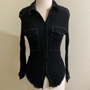 Zara Ribbed Black Shirt With White‎ Piped Thread